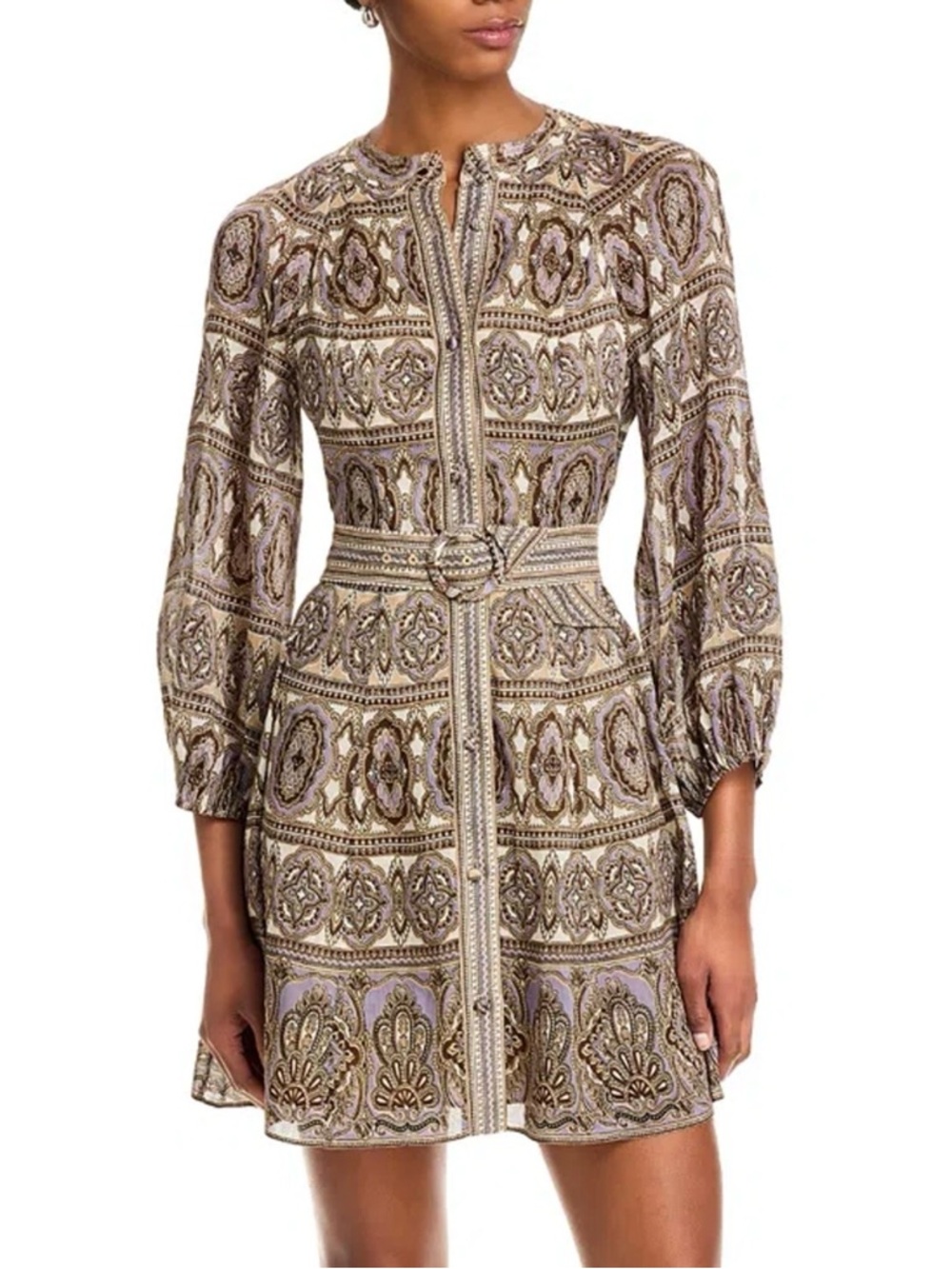 Veronica Beard Taupe Paisley Tie-Waist 3/4 Sleeve - Kumar Dress